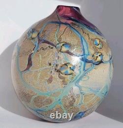 Vtg Signed J Byron Art Glass Vase Cranberry Turquoise Blue Rivers Gold 6 Signed