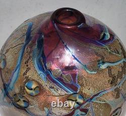 Vtg Signed J Byron Art Glass Vase Cranberry Turquoise Blue Rivers Gold 6 Signed