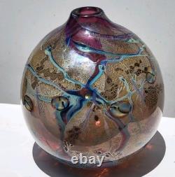 Vtg Signed J Byron Art Glass Vase Cranberry Turquoise Blue Rivers Gold 6 Signed