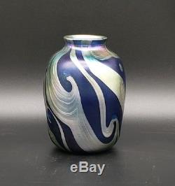 Vtg Signed Mark Peiser Studio Art Glass Iridescent Blue Cabinet Vase 4.25 Mint