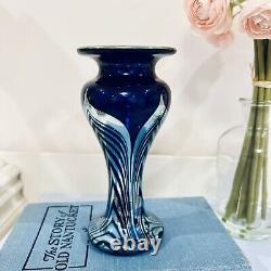 Vtg Steven Correia Signed Art Glass Vase Pulled Feather 5 Colbalt Blue 1979 MCM