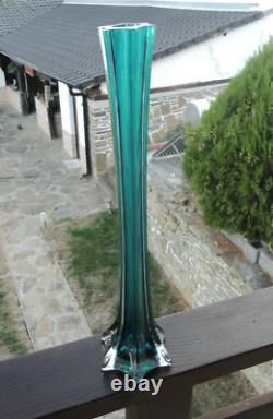 Vtg. Tall Bohemian Turquoise Blue Hexagonal Glass Vase 15 3/4