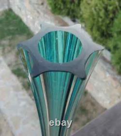 Vtg. Tall Bohemian Turquoise Blue Hexagonal Glass Vase 15 3/4