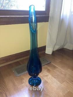 Vtg Vikin Swung Glass Peacock Blue Turquoise Mid Century Modern Vase 21 footed