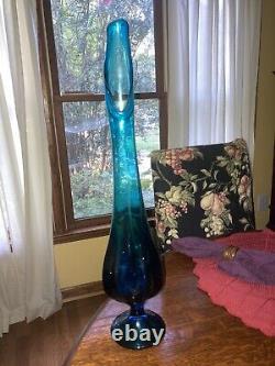 Vtg Vikin Swung Glass Peacock Blue Turquoise Mid Century Modern Vase 21 footed