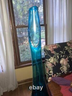 Vtg Vikin Swung Glass Peacock Blue Turquoise Mid Century Modern Vase 21 footed