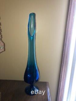 Vtg Vikin Swung Glass Peacock Blue Turquoise Mid Century Modern Vase 21 footed