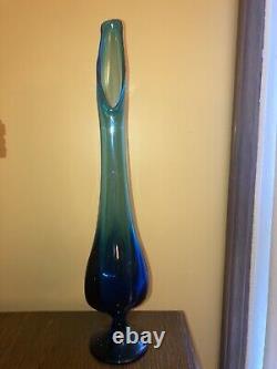 Vtg Vikin Swung Glass Peacock Blue Turquoise Mid Century Modern Vase 21 footed