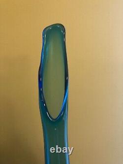 Vtg Vikin Swung Glass Peacock Blue Turquoise Mid Century Modern Vase 21 footed