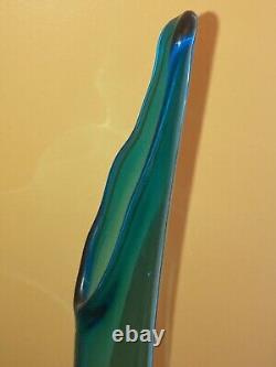 Vtg Vikin Swung Glass Peacock Blue Turquoise Mid Century Modern Vase 21 footed