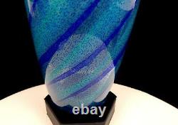 WILLY JOHANSSON HADELAND GLASS SIGNED BLUE & TURQUOISE SPIRAL 8 3/8 VASE 1960's