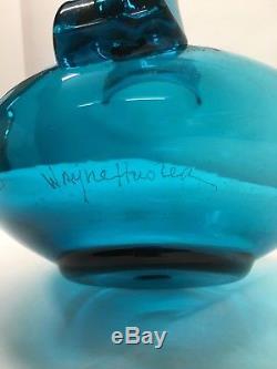 Wayne Husted Hand Signed Bird Vase in TEAL. Blenko Art Glass. Decanter MCM Blue