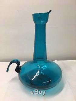Wayne Husted Hand Signed Bird Vase in TEAL. Blenko Art Glass. Decanter MCM Blue