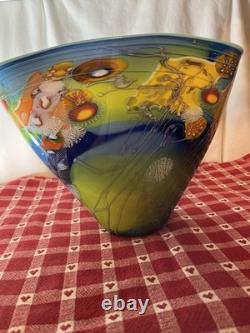 Wes Hunting Art Glass Colorfield Vessel Beautiful Greens Blues Signed 9