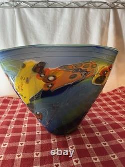 Wes Hunting Art Glass Colorfield Vessel Beautiful Greens Blues Signed 9