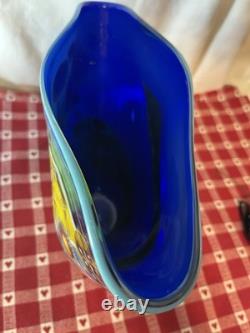 Wes Hunting Art Glass Colorfield Vessel Beautiful Greens Blues Signed 9