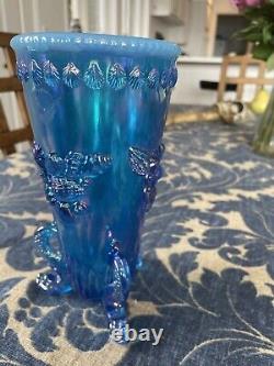 Westmoreland Carnival Glass Argonaut Footed Vase Rare Electric Blue Shell