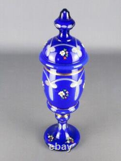 White Blue Glass Vase Engraved and Painted Vintage XX Century Ornament