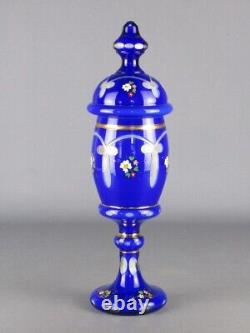 White Blue Glass Vase Engraved and Painted Vintage XX Century Ornament