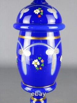 White Blue Glass Vase Engraved and Painted Vintage XX Century Ornament