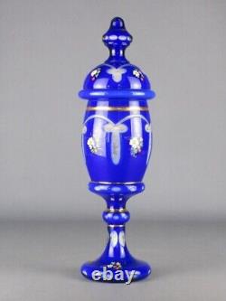 White Blue Glass Vase Engraved and Painted Vintage XX Century Ornament