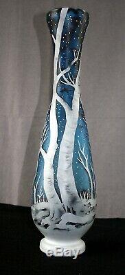 Winter Scene Cameo Art Glass Styled After Emile Galle WithSignature 21 Tall