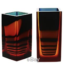 XL Pavel Facet Cut & Polished Art Glass Block Vase Blue Orange Yellow