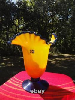 Yellow and Blue Blenko Ruffle Vase